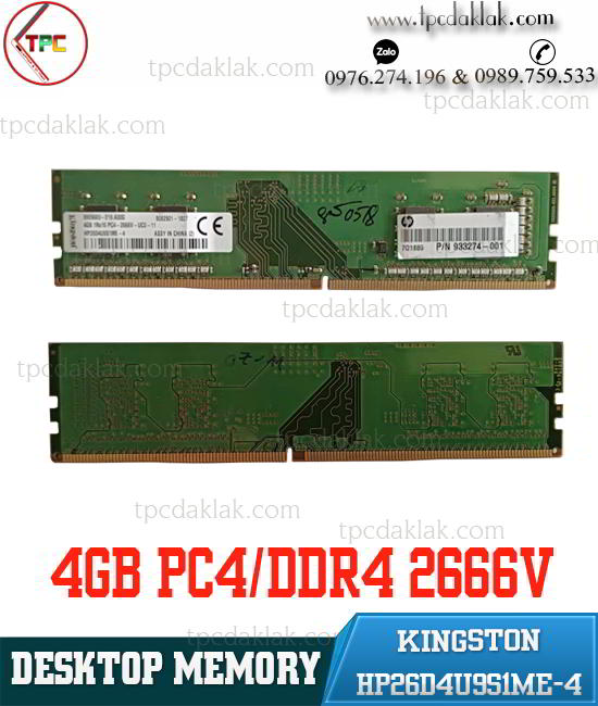 Ram ( Memory ) Máy Tính Bàn Kingston 4GB PC4 2666V ( 1rx16 ) HP26D4U9S1ME-4 2666V UC0 DDR4 UDIM ( Desktop Memory )